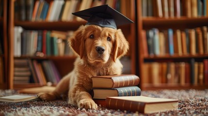 Cute golden retriever puppy wearing a graduation cap, sitting beside a stack of books on soft carpet