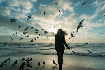 Serene woman standing on beach with birds flying around her and ocean in the background
