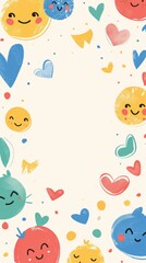 Numerous hearts and smiley faces displayed on a white background, suitable for International Day of Happiness celebrations. Copy space.