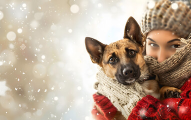 German Shepherd dog poses with Christmas decorations and gift , generative AI.