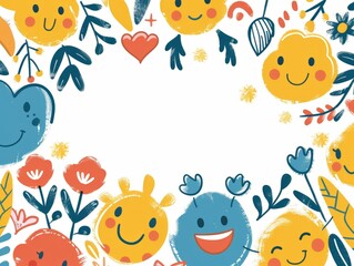 A group of smiley faces surrounded by colorful flowers, creating a cheerful and vibrant scene. International Day of Happiness. Copy space.