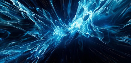 Dynamic, explosive abstraction in electric blue and black, forming sharp lines.