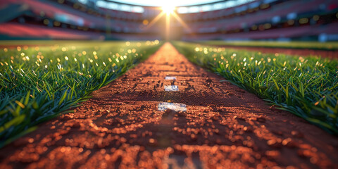A closeup of the baseball field, with green grass and red dirt 