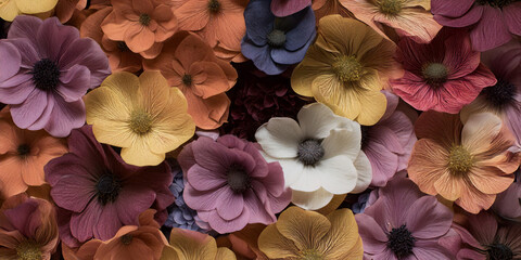 Close-up of various colorful flowers, creating a vibrant and detailed floral pattern. The mix of petals in different hues highlights the beauty and diversity of nature, perfect for botanical and decor