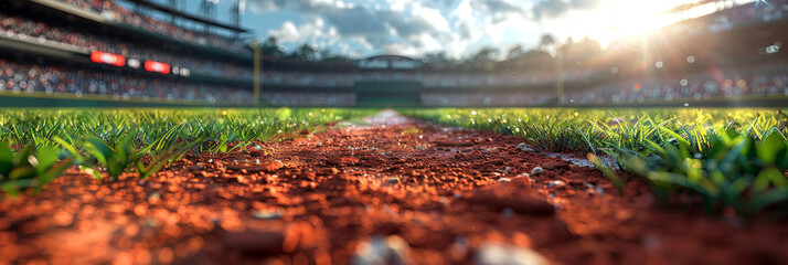 A closeup of the baseball field, with green grass and red dirt 