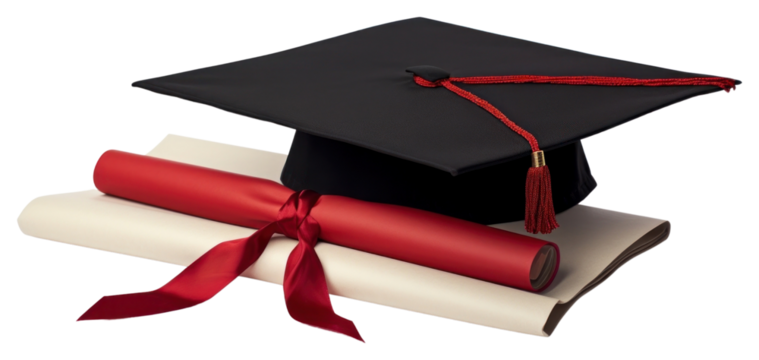 PNG  Graduation Cap with Certificate wrapped with red ribbon graduation certificate text. - Powered by Adobe