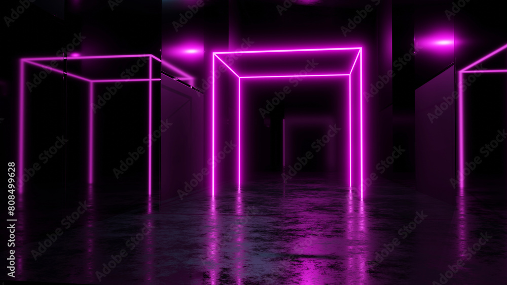 Aufkleber 3d rendering of sci-fi backgrounds tunnel with abstract pink neon bulbs.