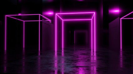 3D rendering of sci-fi backgrounds Tunnel with abstract pink neon bulbs.