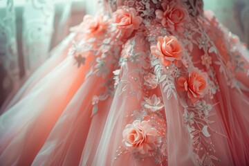 Closeup pink wedding dress in bridal salon room background. Banner. Front view of stylish dress for wedding day. Beautiful clothes for bride. Copy Space. Bride elegant reception dress.