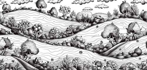 Seamless doodle of whimsical landscapes in black and white.