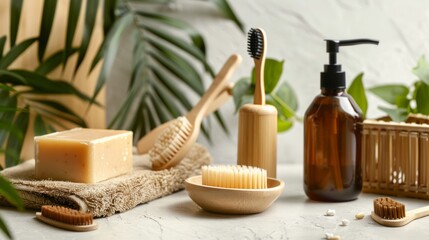 Eco cosmetic product and tool set, soap, shampoo bottle, bamboo toothbrush Natural wooden brushes, zero waste, no plastic.