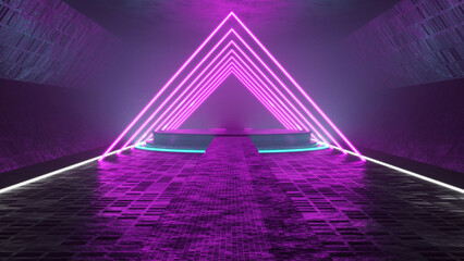 Neon lights illuminating futuristic club create blue and pink 3D illustration backgrounds.