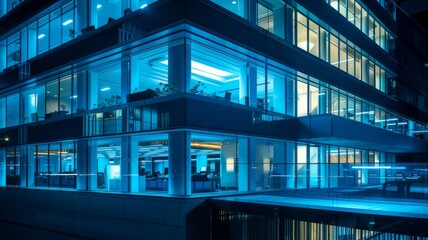 modern workplace through windows at night blue toned