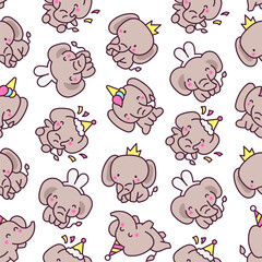 Cute kawaii elephant. Seamless pattern. Cartoon funny characters. Hand drawn style. Vector drawing. Design ornaments.