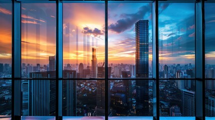 A panoramic view of the city skyline from the windows of an accountant office, symbolizing success,...