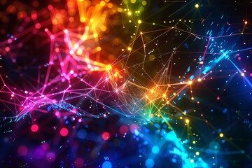 Abstract digital communication manifested as glowing lines and nodes in a spectrum of radiant colors.