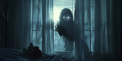 A ghost woman in house, with glowing eyes and long hair, standing behind white curtains in the dark bedroom at night,