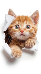 cute kitten sticking its head out of the hole in white paper, cute, adorable, cutout sticker