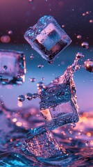 Ice cubes floating on water, lighting effects, advertising