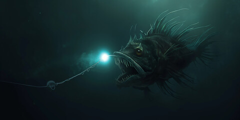 A deep-sea anglerfish lurking in the dark abyss of the ocean, with its bioluminescent lure glowing...