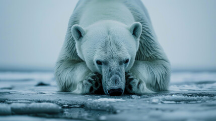 Globally warming climate change the bear cries closing its face with its paws polar bear