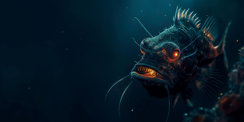 A deep-sea anglerfish lurking in the dark abyss of the ocean, with its bioluminescent lure glowing in the darkness
