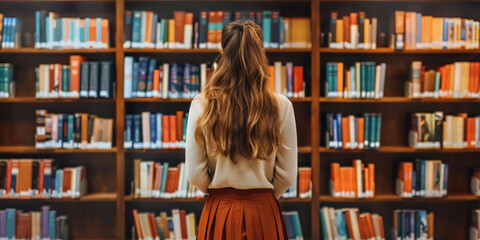 A girl stands in front of the bookshelves at her university library, looking for books to read during break time