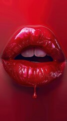 Red Lips with lipstick like liquid shiny raspberry paint, flowing, dripping, tempting