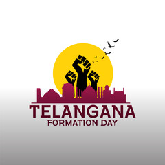 Telangana Formation Day, Telangana State Formation Day celebration - Telangana Martyrs Memorial Revolution hand, Happy Telangana State Formation Day In English. June 2nd, Hyderabad Famous Silhouettes 