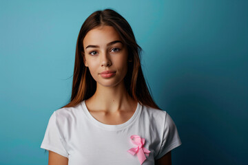Fototapeta premium a woman with a pink ribbon on her shirt