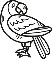 A black and white drawing of a bird with a large beak and a colorful tail