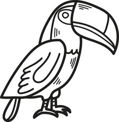 A black and white drawing of a bird with a large beak and a colorful tail