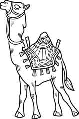 A camel is standing with a saddle on its back