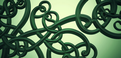 Intricate Celtic knot design woven in dark against light green, with complex loops.