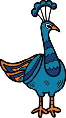 A black and white drawing of a peacock with a large, colorful