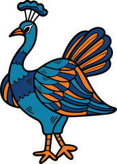 A black and white drawing of a peacock with a large, colorful