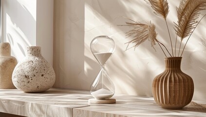 Frame the hourglass against a backdrop of neutral tones, highlighting its understated beauty and...