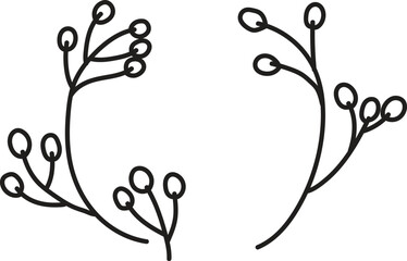A black and white drawing of a leafy branch with flowers