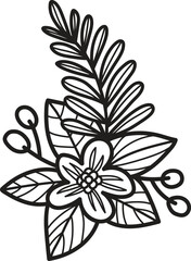 A black and white drawing of a flower with leaves and berries