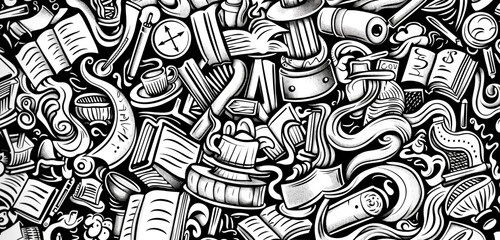 Seamless doodle of a city skyline in abstract black and white lines.