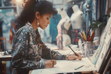 Fashion Designer Crafting 1980s Inspired Designs in a High Definition Studio Filled with Vintage Mannequins