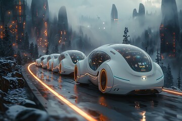 A convoy of autonomous electric vehicles gliding silently along a futuristic highway, their occupants immersed in augmented reality interfaces as they journey towards the horizon