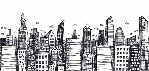 Monochrome hand-drawn cityscape doodles in a seamless pattern.