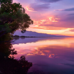 Fototapeta na wymiar Utah's Breathtakingly Serene Lake Scenery at Sunset: A Captivating Harmony Between Sky, Water, and Land