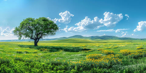 Fototapeta premium A green field with tree and a blue sky and white clouds, nature background. banner