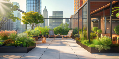 A modern rooftop garden oasis in the heart of the city, with lush greenery, seating areas, and...