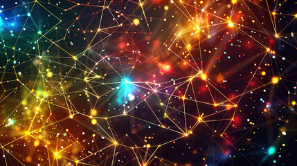 A cosmic array of digital points connected by radiant colorful lines, resembling a star map.