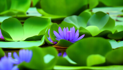 Obraz premium A vibrant purple blossoms and glossy green leaves floating on the surface of a tranquil pond. 