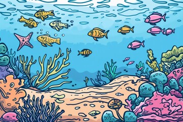 Cartoon cute doodles of a vibrant coral reef, endangered by coral bleaching caused by rising ocean temperatures, with colorful fish, Generative AI