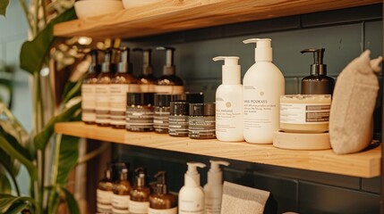 Fototapeta premium Eco-friendly beauty products displayed on a bamboo shelf